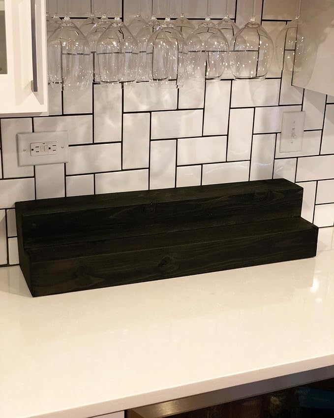 2 Tiered Liquor Bottle Display Shelf ??Holds Up to 14 Bottles Bar Organizers for Wine & Whiskey ??Free Standing Bottle Stand for Home, Bar Decor ??Wooden Kitchen Counter Shelf, 24" Black