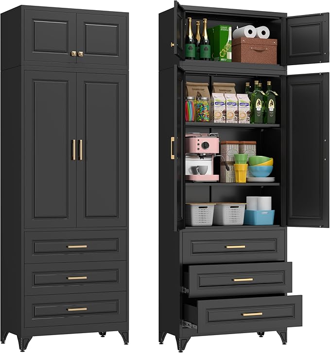 Metal Storage Cabinet, 90" Black Pantry Cabinet with 4 Doors and 4 Adjustable Shelves, Tall Cabinets with 3 Drawers for Dinning Living Room and Dining Room