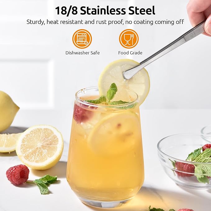 U-Taste 8in Kitchen Plating Tweezer: 18/8 Stainless Steel Food-Grade Metal Food Tong, Seamless-Welding, Sturdy and Flexible with Non-slip Tips for Serving, Decorating, Cooking, Baking (Round Tip)