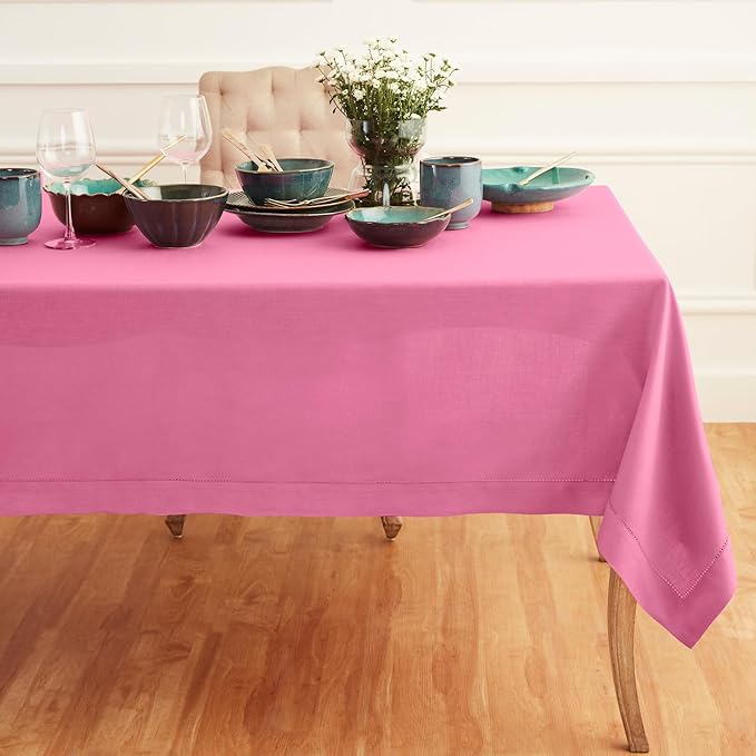 Solino Home Flamingo Pink Linen Tablecloth 60 x 132 Inch - Classic Hemstitch, 100% Pure Linen Rectangular Tablecloth - Machine Washable Table Cloth for Valentines, Spring, Easter