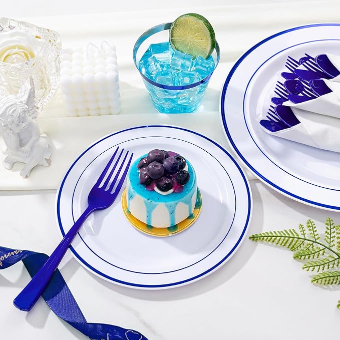 WELLIFE 350 Pieces Blue Plastic Plates - Disposable Silverware and Cups, Include: 50 Dinner Plates 10.25?? 50 Dessert Plates 7.5?? 50 Blue Cups 9 OZ, 50 Plastic Cutlery
