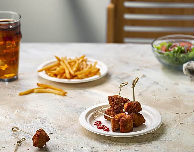 GUSTO [7 Inch - Pack of 125 Heavy-Duty White and Sugarcane Paper Plates, 100% Compostable, Eco-Friendly - Biodegradable Disposable - (Formerly Comfy Package)