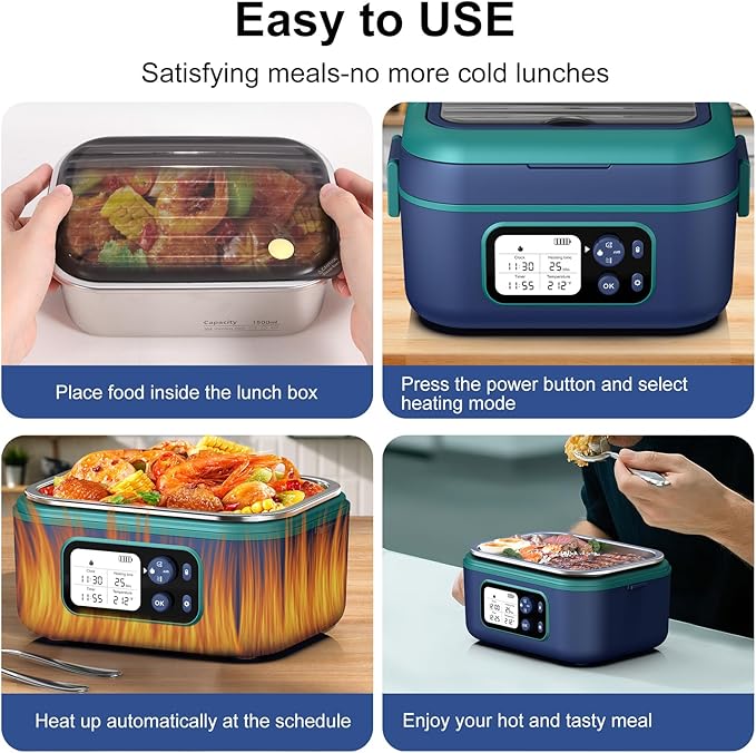 EDCREATY Cordless Electric Heated Lunch Box, 1.5L 6.3Cups 24000mAh Rechargeable Battery Self-Heating Lunch Box, Smart Timer, Even Heating, 100W Portable Food Warmer for Office, Picnic, Car, Outdoor