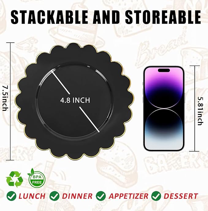 SUT 72 PCS Black Plates,Black Plastic Plates with Gold Rim, plastic Plate for Party, 7.5 inch Dessert plate, Disposable plate for Party