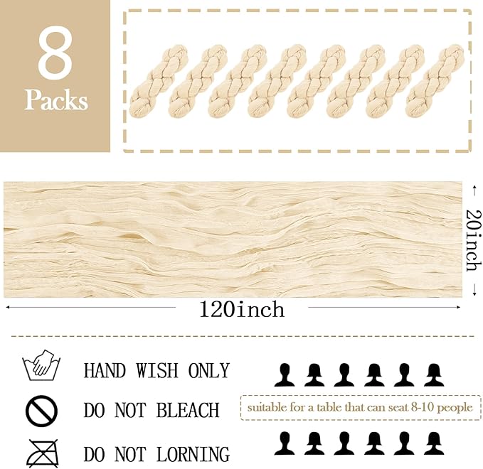 8 Pack Ivory Cheesecloth Table Runner 20 x 120 inch Gauze Table Runners 10 FT Long,Semi Sheer Cheese Cloth Fabric Table Runner Bulk for Wedding,Party,Baby Shower,Bridal Shower Decoration
