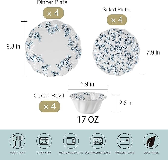 Ceramic Dinnerware Set 12-Piece Scalloped Edge Dish Set for 4 Vintage Blue Floral Elegant Kitchen Dinner Plates Bowls for Daily Use & Party Microwave & Dishwasher Safe (Blue)