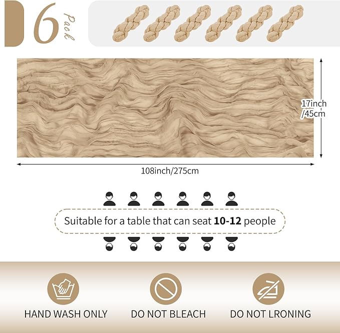 RealBox 6 Pack Beige Cheesecloth Table Runner 17x108 Inch Semi Sheer Boho Gauze Cheese Cloth Fabric Table Runners Table Decor for Wedding Party Baby Shower Birthday Home Decor Garden Farmhouse