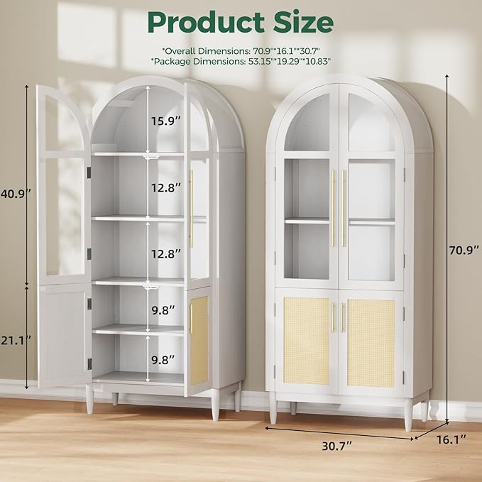 71?쒪rched Kitchen Pantry Cabinet, Stylish Arched Bookcase & Multi-Use Storage Cabinet with Glass & Rattan Doors, Ideal as Kitchen Pantry, Living Room Display, or Entryway Organizer ??White
