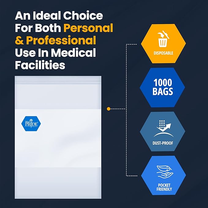 MED PRIDE Reusable Clear Zip Closure Bags [Bulk Pack of 1000] Strong Plastic Storage Bags With Zipper| Medical Zip Bags With Writing Block For Labeling| Medium Size (10'' x 13'')