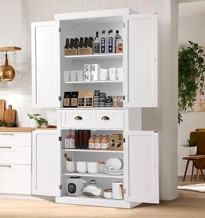 72" Kitchen Pantry Storage Cabinet, Freestanding Cupboard with 2 Cabinets, Drawer and Adjustable Shelves, Tall Storage Cabinet for Kitchen, Dinning Room, Living Room (White)