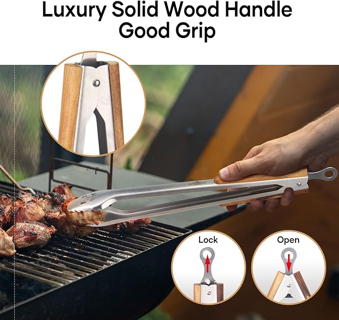 25-Inch Very Long Stainless Steel BBQ Tongs with Extended Luxurious Acacia Handle ??Durable and Easy-to-Clean Grilling Tool for Cooking, Kitchen Use, and Outdoor Barbecues