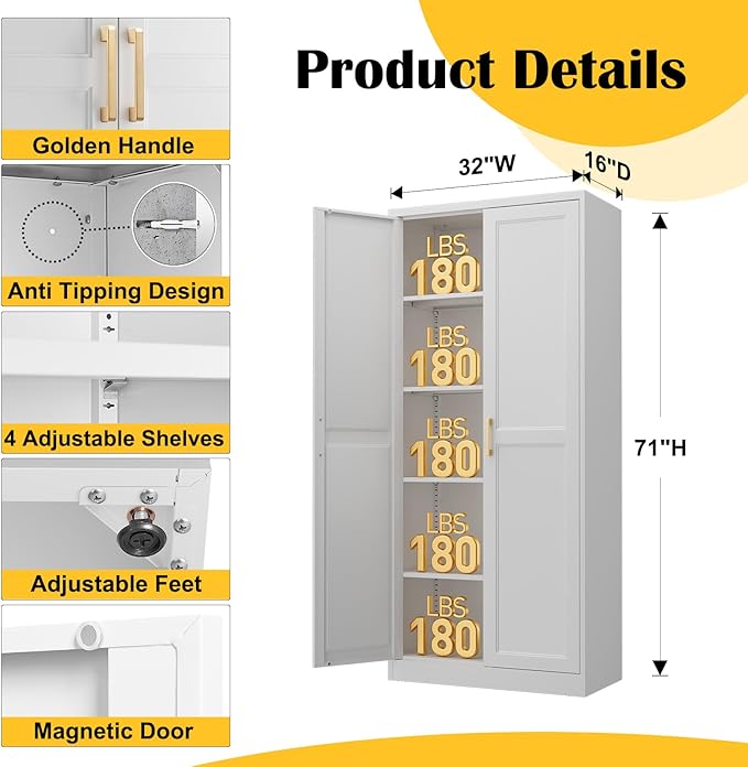 Kitchen Pantry Cabinet,71?쓂hite Metal Pantry Storage Cabinet with Doors and 4 Adjustable Shelves,Kitchen Cabinet with 2 Gold Handles,Tall Cabinet for Livingroom,Pantry, Bathroom,Kitchen