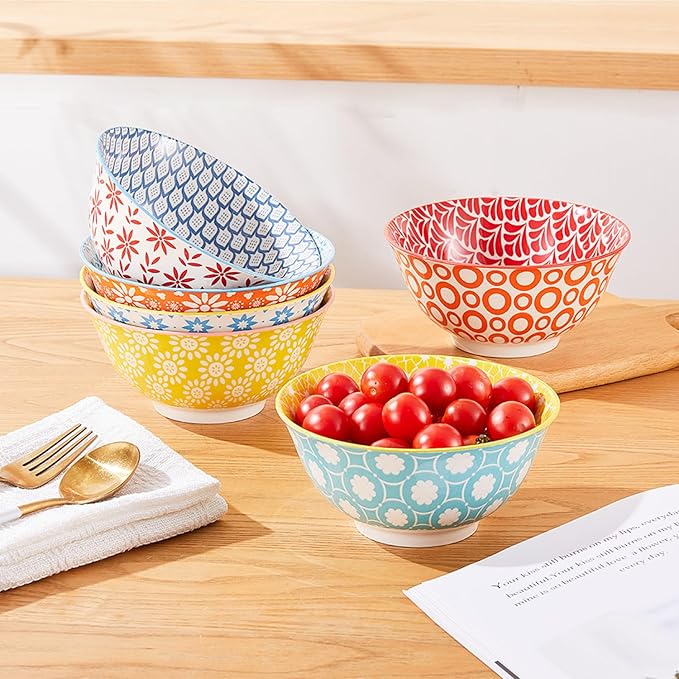 AntoKueh 23 OZ Colorful Large Ceramic Bowl Set of 6 6 inch Deep Porcelain Cereal Bowls for Salad, Soup, Snack and Rice竊똃ishwasher/Microwave safe