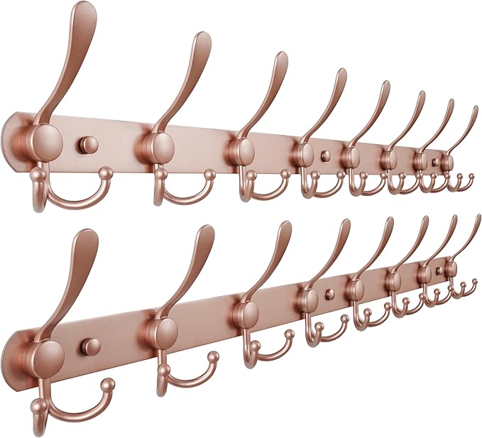 Dseap Coat Rack Wall Mount - 29.5??Long 8-Tri-Hooks Heavy Duty Coat Hanger Rail Wall Hooks for Hanging Coats Hats Clothing Clothes Purse Mudroom Entryway, Rose Gold, Pack of 2