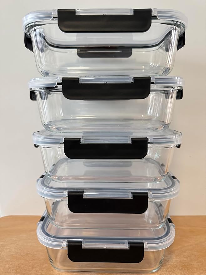 Glass Food Storage Containers Set of 5, Airtight Glass Meal Prep Containers, BPA-Free Lunch Containers for Microwave, Oven, Freezer & Dishwasher Safe（35oz）