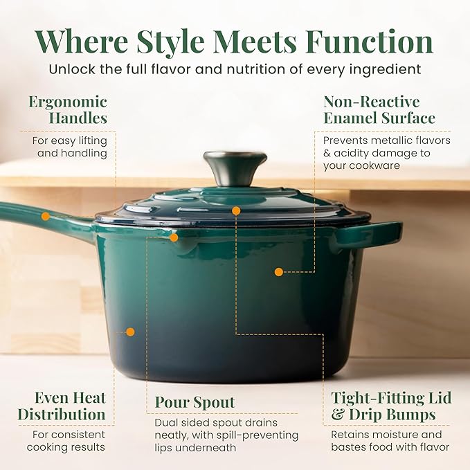 Larder & Vine Enameled Cast Iron Saucepan | 2.2 qt Sauce Pan with Lid | Saucepan with Pour Spouts | Enameled Cast Iron Pot Compatible on All Cooktops & Oven Safe to 500째 F | Bondi