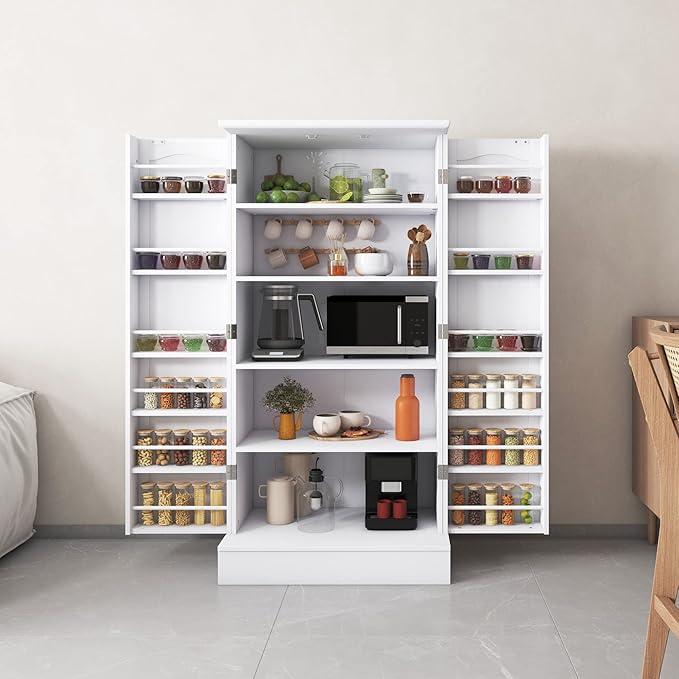 47??Pantry Cabinet, Kitchen Pantry Storage Cabinet with Doors and Adjustable Shelves,Freestanding Buffet Cupboards Sideboard for Living Room and Dinning Room (White)