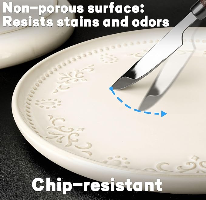 Artena Large Ceramic Dinner Plates Set Of 4, 10.75 Inch Embossed Kitchen Salad Plates, Modern Serving Plates For Restaurant, Plates With Lipped Edges, Microwave Dishwasher Safe (Multiple Patterns)