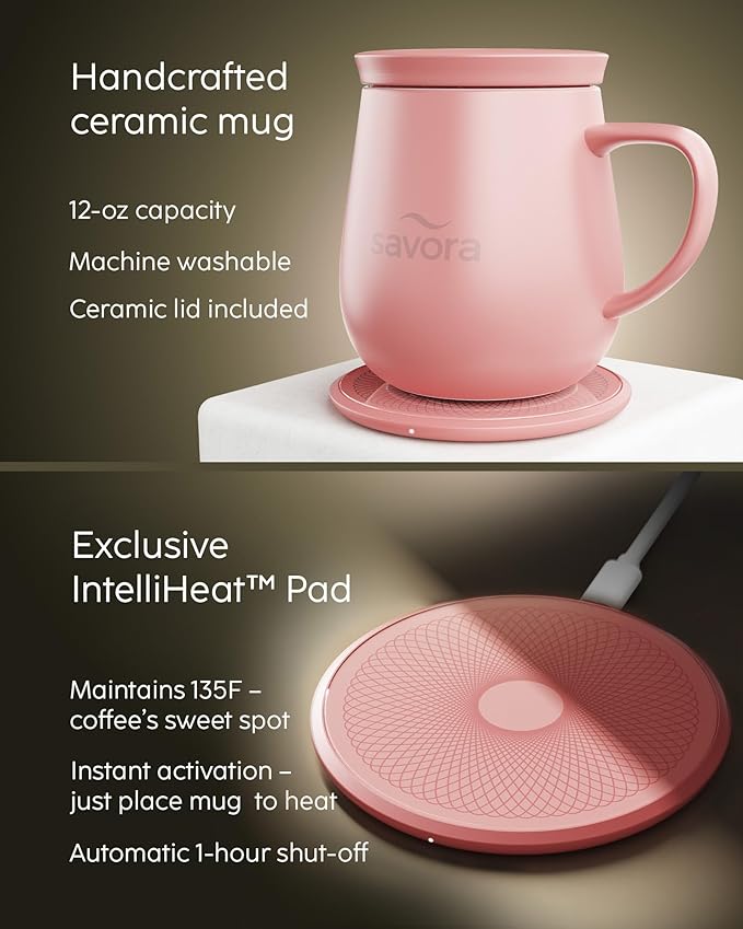 12oz Heated Coffee Mug | Barista?셲 Choice | Exclusive Wireless IntelliHeat Pad | Temperature Control Maintains 135째F | Hand-Crafted Ceramic Mug & Lid | Great for Tea Drinkers | Backed for Life - Pink