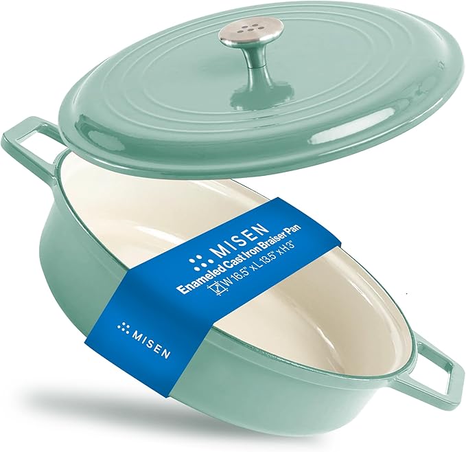 Misen 5.5 QT Braiser ??Enameled Cast Iron Pan for Searing, Braising & Slow Cooking ??No-Chip Enamel Coating ??Extra-Wide Handles ??Superior Heat Retention & Even Cooking - Green