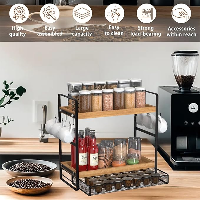 LEMIKKLE 2-Tier Wood Coffee Station Organizer with Pod Holder and Drawer, Kitchen Countertop Organizer, Coffee Bar Accessories Station with Coffee Pod Storage, Coffee Organizer