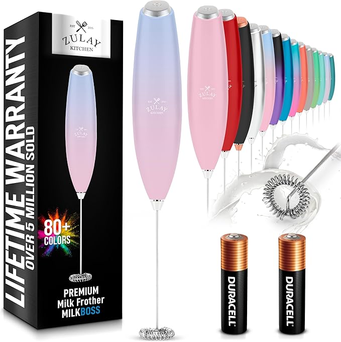 Zulay Kitchen Handheld Milk Frother with Duracell AA Batteries ??Ultra Fast Electric Mixer & Foam Maker, Easy-Clean Drink Mixer for Coffee & More - Lavender