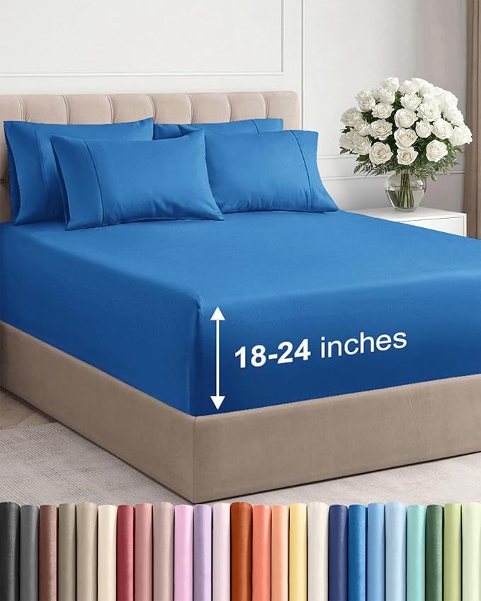 Extra Deep Queen Sheet Set - 6 Piece Breathable & Cooling Sheets - Hotel Luxury Bed Sheets Set - Easy & Secure Fit - Soft, Wrinkle Free & Comfy Sheets Set - Royal Blue Sheet Set w/Extra Deep Pockets