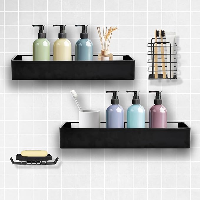 Premium Shower Caddy, 4 Pack Black, Rustproof Stainless Steel Shower Organizer and Storage, No Drill Shower Shelves with Quick Drainage and High Weight Capacity
