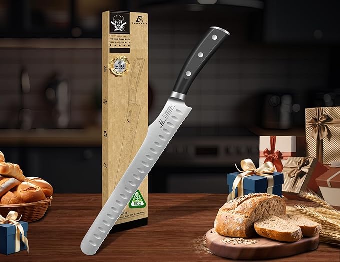 Bread Knife for Homemade Bread, 9 Inch Multifunction Serrated Knife, Razor Sharp Slicer, High Carbon German Steel Bread Cutter, Ergonomic Handle Design for Sourdough Turkey Fruit Cutting