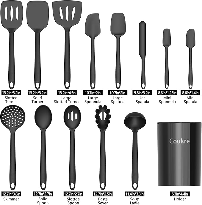 Coukre Silicone Kitchen Cooking Utensils Set with Holder ??Heat-Resistant, Food-Grade Kitchen Tools, Spatula, Spoon & Gadgets for Non-Stick Pans, Dishwasher Safe (14, PureBlack)
