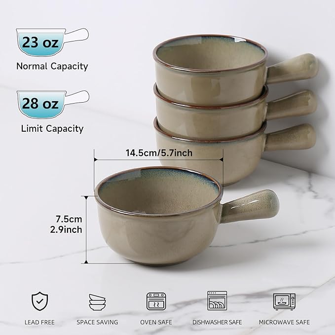 MONITO 28 Oz French Onion Soup Bowls, Ceramic Soup Bowls with Handles, Stackable Soup Crocks, Oven/Microwave/Dishwasher Safe, for Cereal, Soups, Casseroles