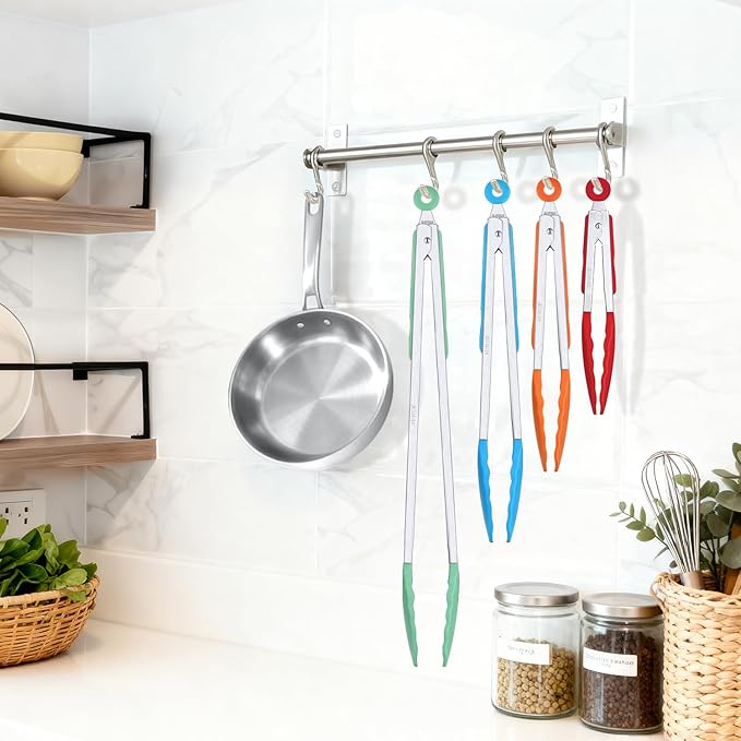 Salad Tongs, 7/9/12/16 Inch Silicone Food Tongs with 304 Stainless Steel Core, Easy-Grip, in Pistachio, Black, Blue, Orange, Red (Pistachio, 9+12inch)