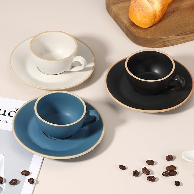 uxcell Handmade Vintage Espresso Cups, 9.5 oz Coffee Cups and Saucers Ceramic Tea Cup with Handle Dishwasher and Microwave Safe for Latte Cappuccino Milk Office Home Gifts, Morandi Black