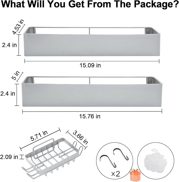 Premium Shower Caddy, 3 Pack Silver, Rustproof Shower Organizer and Storage, No Drill Wall Mount Shower Shelves, 25 Pound Weight Capacity, Quick Drainage Design