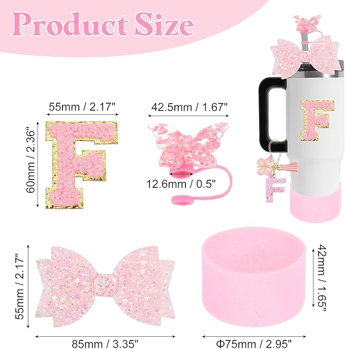 uxcell 8Pcs Cup Accessories Set for Cup Tumbler with Handle, Including Silicone Straw Cover, Boot, Spill Proof Stopper, Handle Charm, Initials Sticker(Letter F, Pink)
