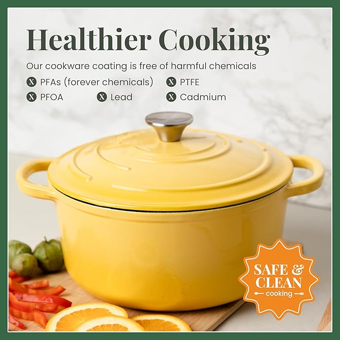 Larder & Vine Enameled Cast Iron 5.7qt Dutch Oven Pot with Lid | Bread Baking | Compatible on All Cooktops & Oven Safe to 500째 F | Great for Sourdough Bread | Limoncello