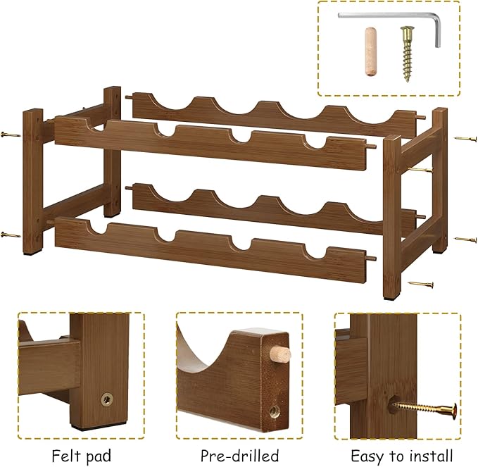 BAMEOS Bamboo Wine Rack, 2 Tier Wine Racks Countertop Storage, Wine Bottle Holder Wine Rack freestanding Floor for Kitchen, Bar, Pantry, Wine Cellar, Basement,Study竊똌aroon (16.85 L x 9.25W x 7H)