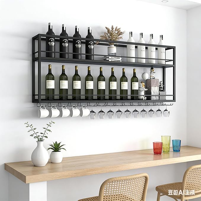 Industrial Wall Mounted Wine Rack, 2-Tier Wood Wine Bottle Shelf with Stemware Rack, Black Wine Glass Rack Multi Functional Wine Storage Display Rack for Home Bar Dining Room Kitchen (39.3횞7.8횞26in)