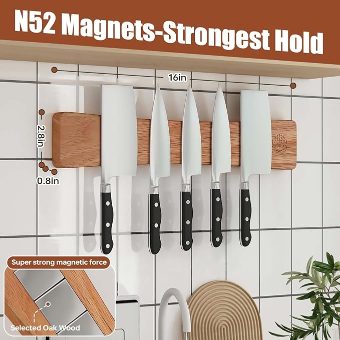 Premium Oak Wood Magnetic Knife Strip, 16" Magnetic Knife Holder for Wall with N52 Neodymium Magnets (Supreme Grade), Professional Knife Magnetic Strip Organizer for Kitchen Knives &Tools,No Drilling