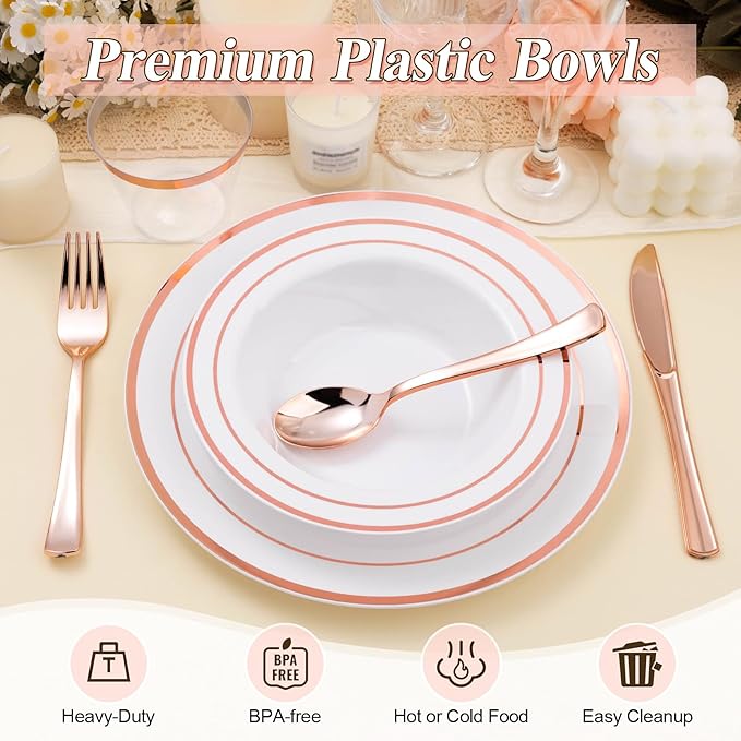 BESTSTAR 50 Pack Disposable Soup Bowls with Rose Gold Rim, 12oz Premium Heavy Duty Plastic Dinner Bowls for Party, Wedding and Holiday