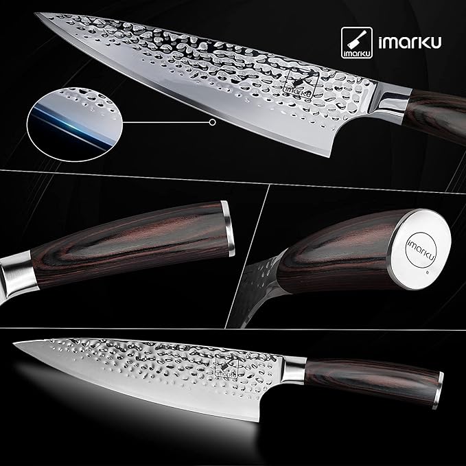 imarku Damascus Chef Knife, 8 Inch Kitchen Knife Ultra Sharp Cooking Knife HC German Stainless Steel Japanese Knife for Kitchen, Hand-Hammered Design, Ergonomic Handle, Christmas Gifts for Men Women
