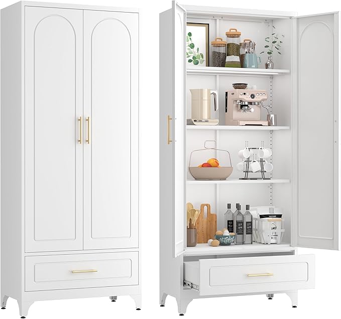 75??Kitchen Pantry Storage Cabinet,Metal Tall Storage Cabinet with Drawers and Adjustable Shelves,Modern Kitchen Hutch Cabinet,Freestanding Cupboard for Dining Room