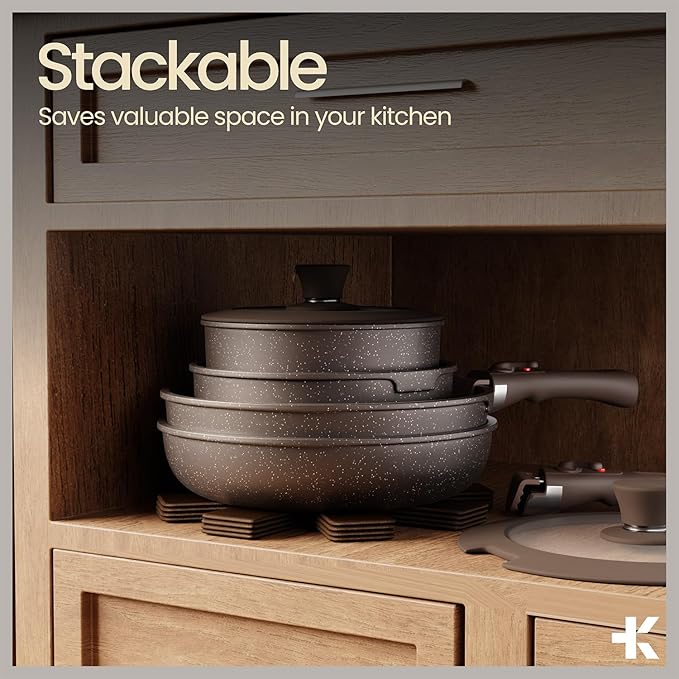 Pots and Pans Set Non Stick Ceramic-Granite ??14-Piece Cookware with Detachable Handles, Stackable Space-Saving, Dishwasher Safe, Stain-resistant, Oven & All-Stove Safe, Tempered Glass Lids, Brown