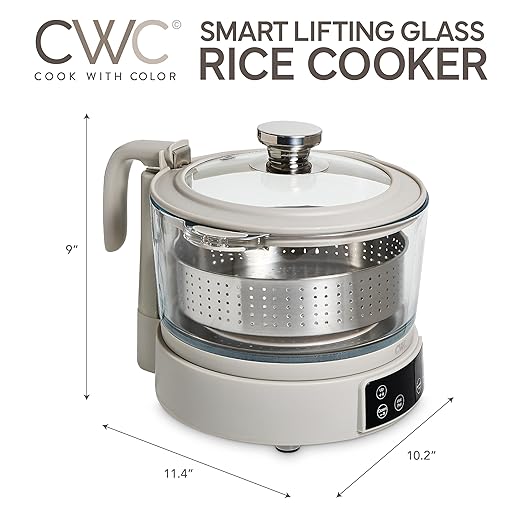 COOK WITH COLOR 3L Glass Mini Low Carb Rice Cooker ??Holds 2 Cups Raw/Makes 6 Cups Cooked with Auto Lift Filter Basket, Hotpot & Steamer for Rice, Grains, Digital Panel with Keep Warm, Greige
