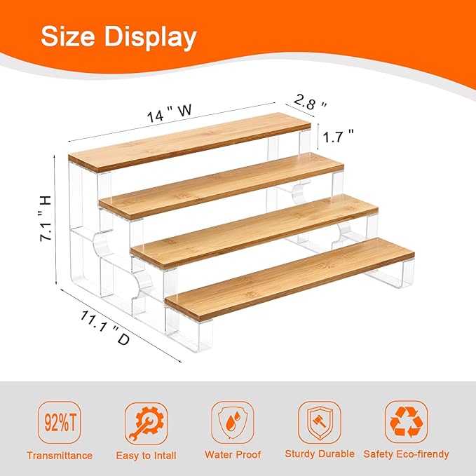 junyuan Bathroom Organizers and Storage,4 Tier Spice Rack Organizer for Countertop,Kitchen Countertop Organizers and Storage Shelf,Bamboo Tiered Display Stand,Clear Extended Width 14"