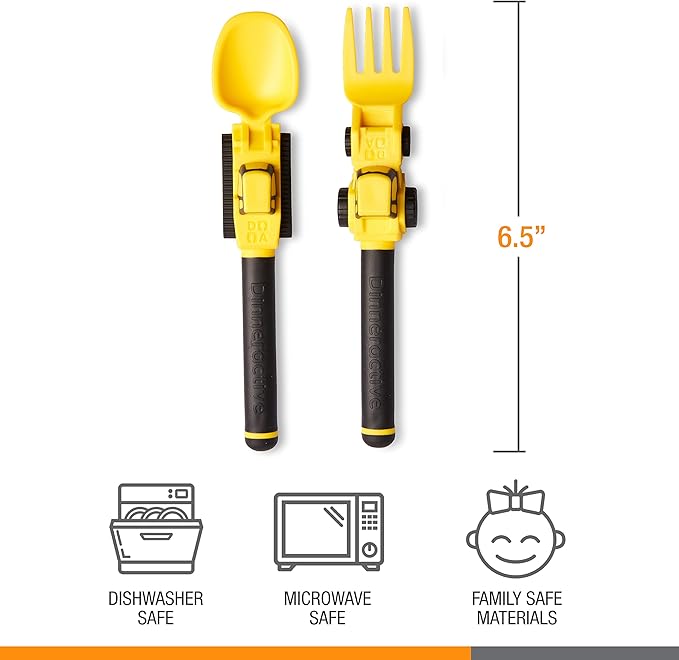 Dinneractive Utensil Set for Kids ??Construction Themed Toddler Forks and Spoons, Toddler Utensils ??2-Piece Set ??Yellow Construction Utensils For Toddlers - Loader & Tractor Toddler Spoons and Forks