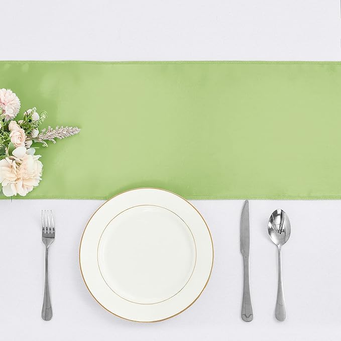 10-Pack Green Satin Table Runner 12 x 108 Inch Long Bright and Smooth Silk Fabric Table Runner for Wedding Banquet Birthday Party Decoration