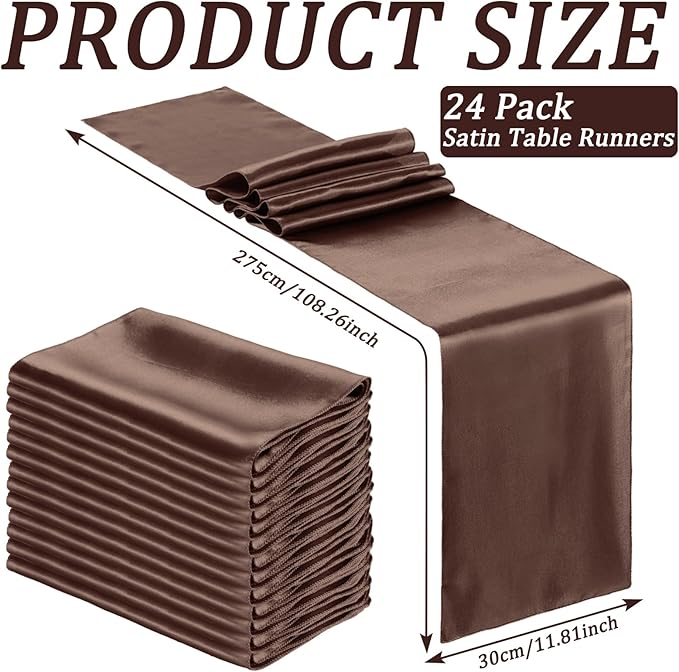 Bencailor 24 Pcs Brown Satin Table Runner Bulk 12 x 108 Inches Long Table Runners Bright Smooth Fabric Tablecloth for Wedding Banquet Birthday Valentines St Patrick's Day Party Decorations
