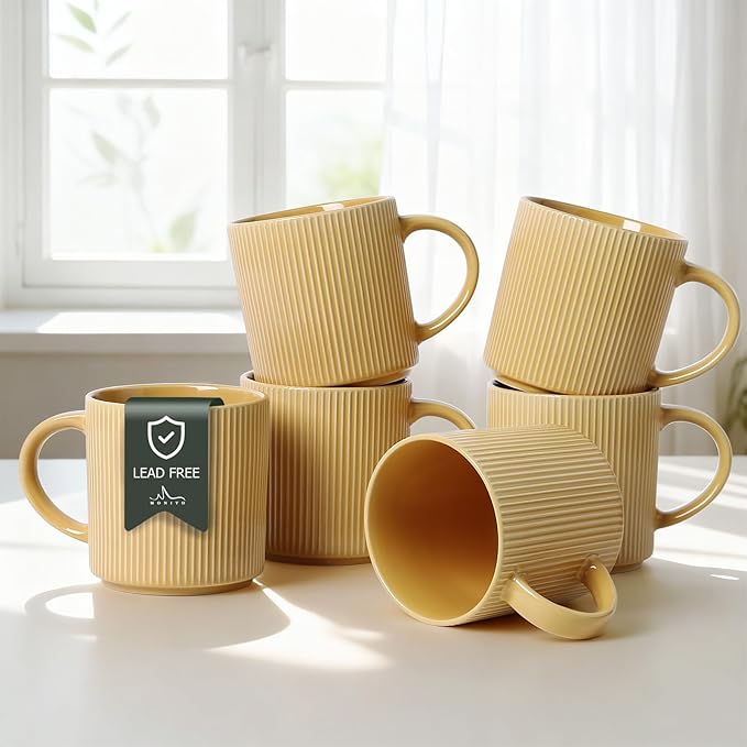 MONITO 16Oz Coffee Mugs Set of 6, Rustic Ceramic Coffee Cups Set with Large Handle, Vintage Striped Stoneware Coffee Mugs for Latte, Cocoa, Tea, Milk, Microwave & Dishwasher Safe, Lemon Yellow