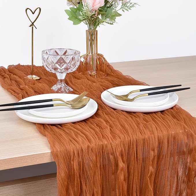 Joanlody Terracotta Cheesecloth Table Runner Fall Thanksgiving 10Ft Rustic Gauze Boho Cheese Cloth Table Runner for Wedding Bridal Baby Shower Decoration 4 Pack